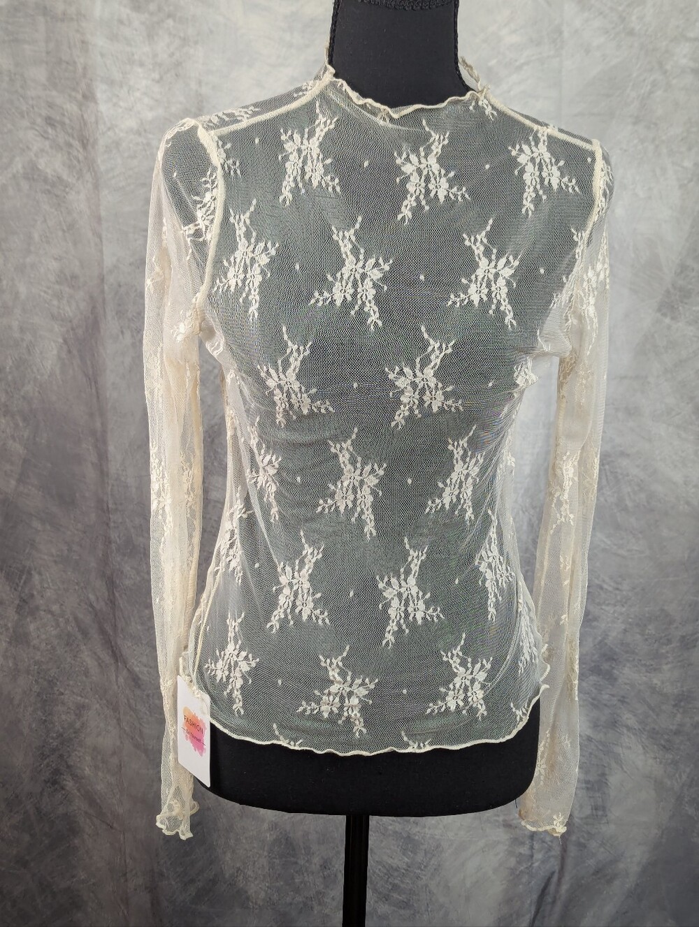 Y2K Stretchy Sheer Mesh Cream White Lace Women's Blouse Fairy Layering Top